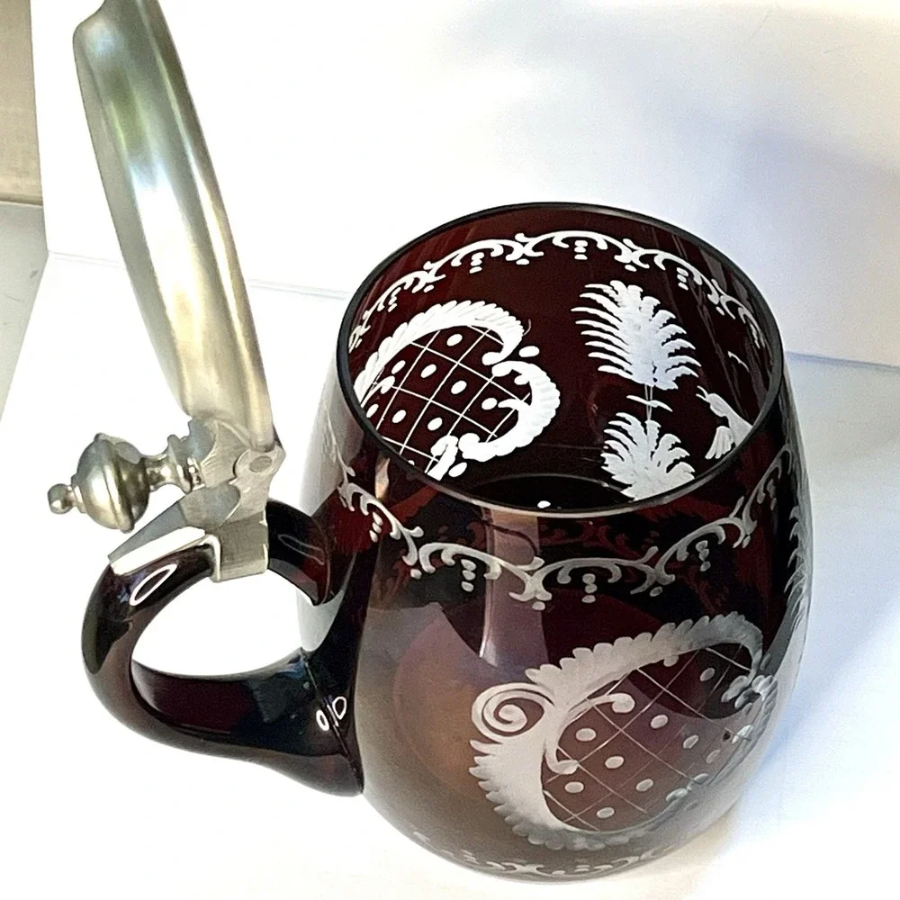 Vintage Bohemian Cut-to-Clear Glass Stein Beer Mug with Pewter Lid Grouse Design